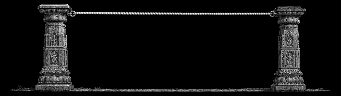 The same engraving. The same two carved stone pillars — your Mac and your iPhone — nothing standing anywhere in the gap, and one unbroken cord running straight and level from one capital to the other.