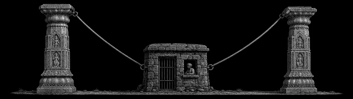 An engraving. Two carved stone pillars — your Mac and your iPhone — with a small manned toll-post standing in the gap between them: the cord from each pillar slants down and stops, knotted to a ring on the post's wall.
