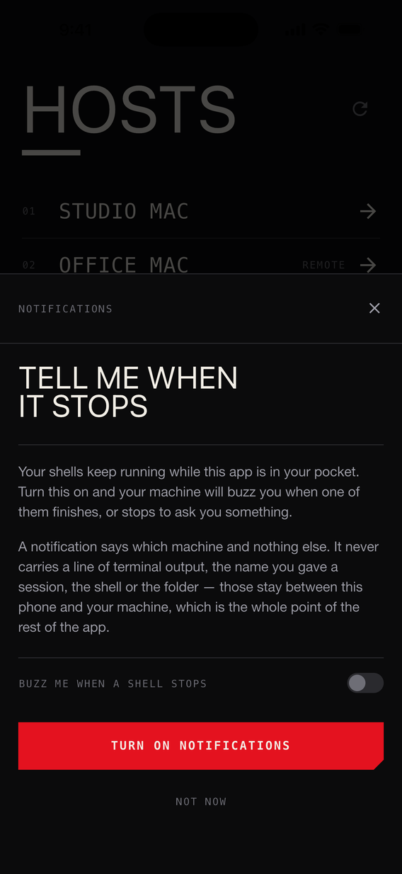 The iPhone client asking permission to send notifications, under the heading Tell me when it stops.