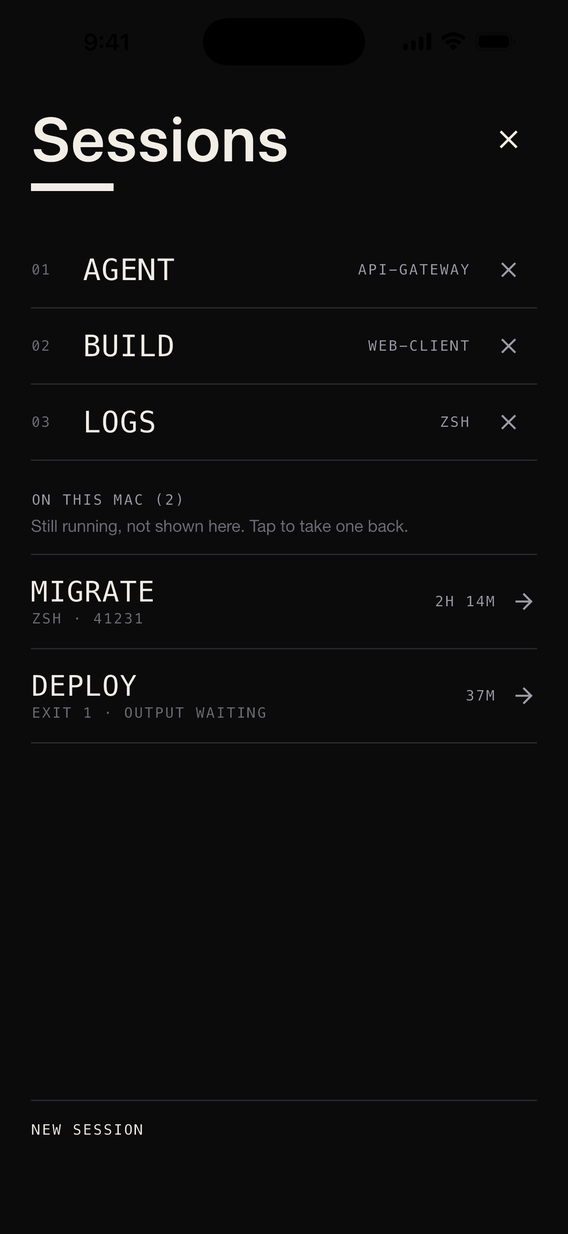 The iPhone client's session list: three shells attached, and two more still running on the Mac with nothing attached to them.
